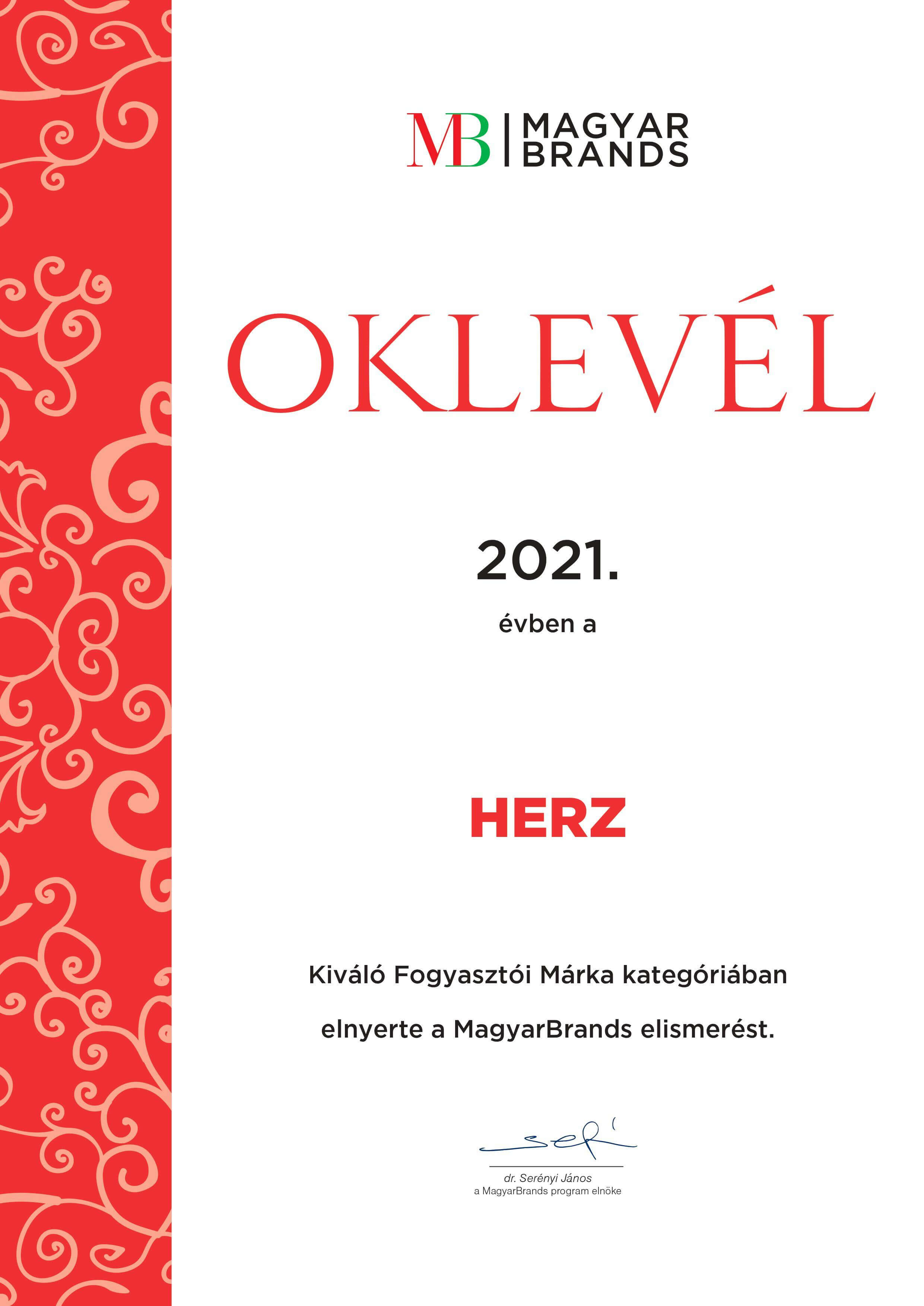 2021 Magyarbrands kitüntetés a HERZ számára